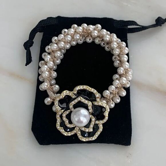 Accessories - Camellia Flower Hair Tie with Faux Pearls – Black Enamel & Golden Charm